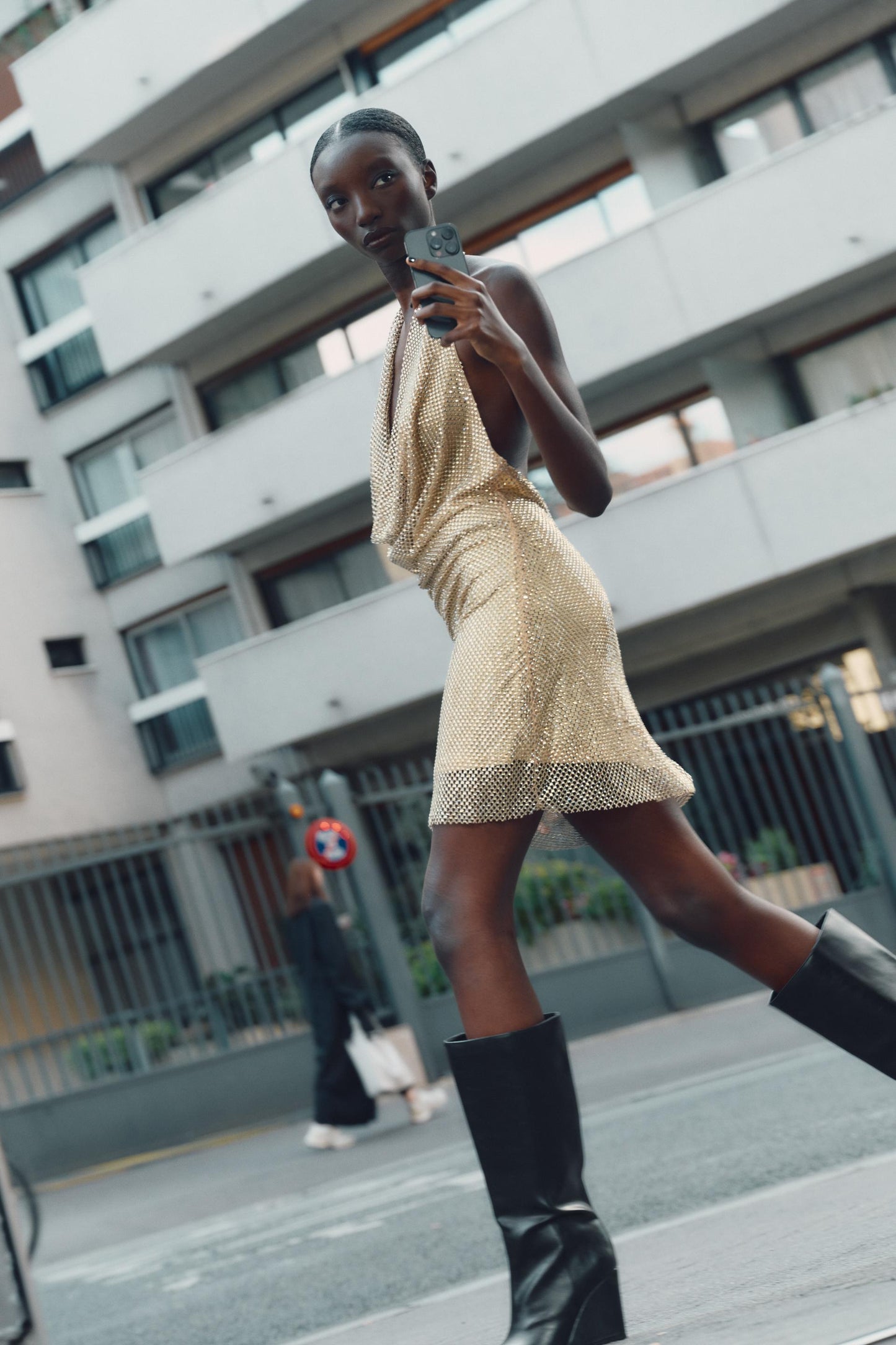 Metallic Mesh Halter Dress Gold