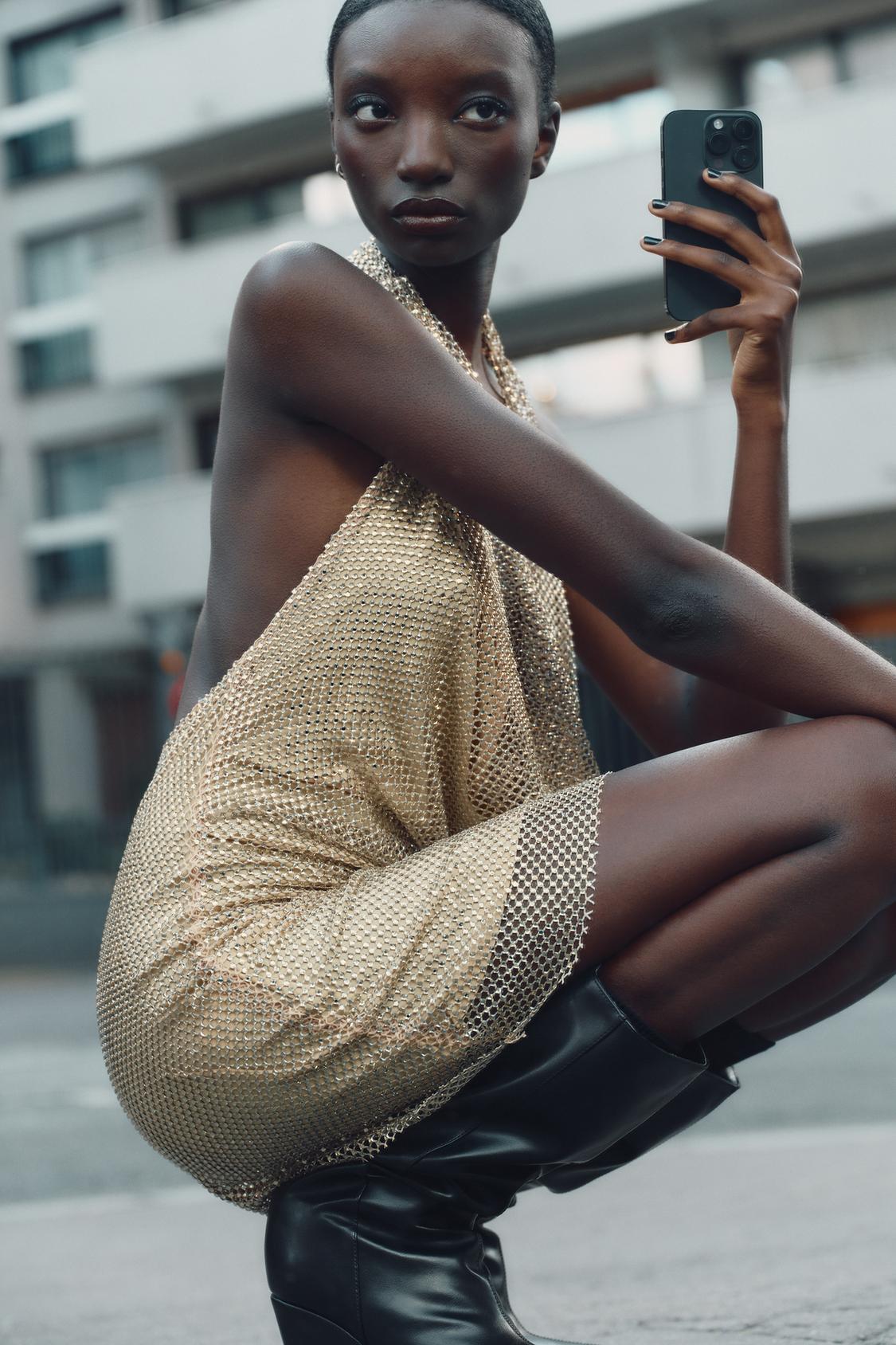 Metallic Mesh Halter Dress Gold