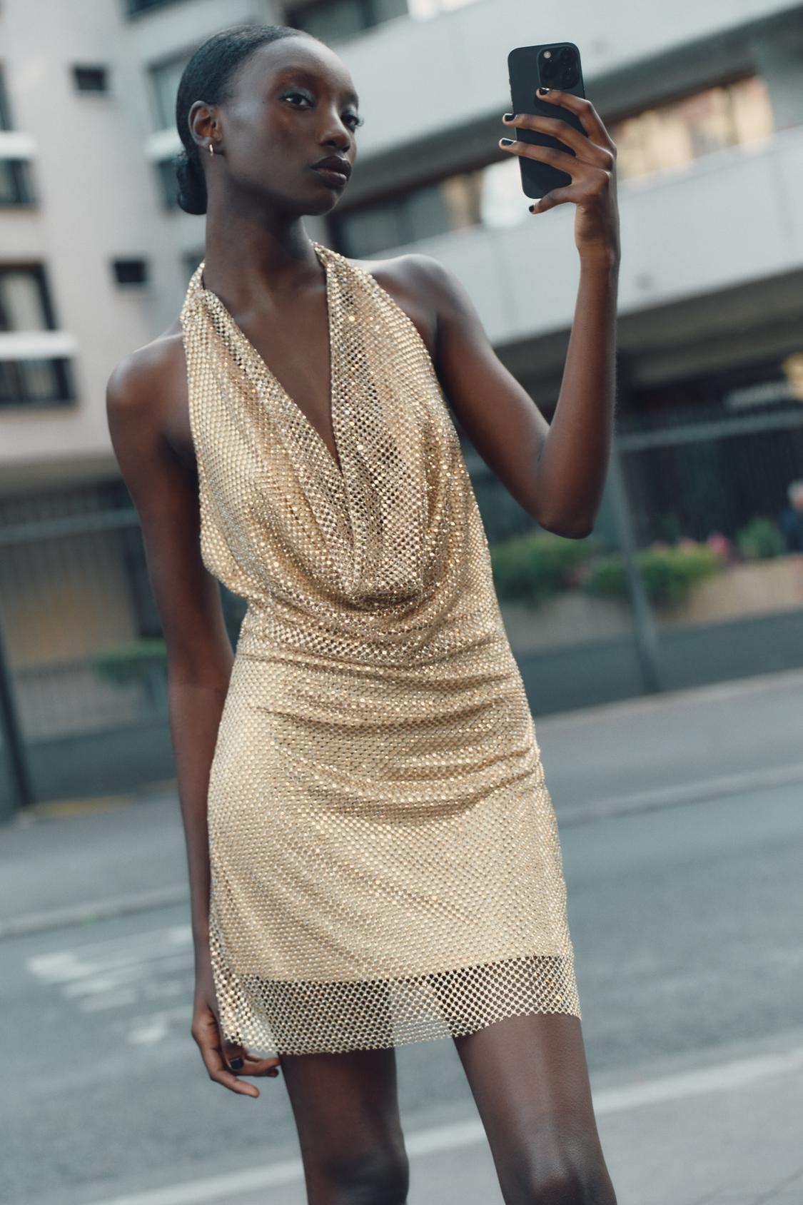 Metallic Mesh Halter Dress Gold