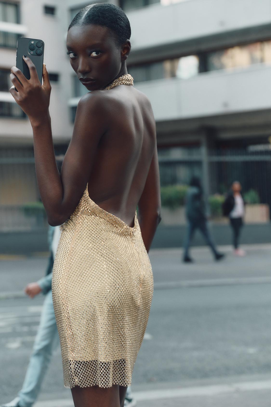 Metallic Mesh Halter Dress Gold