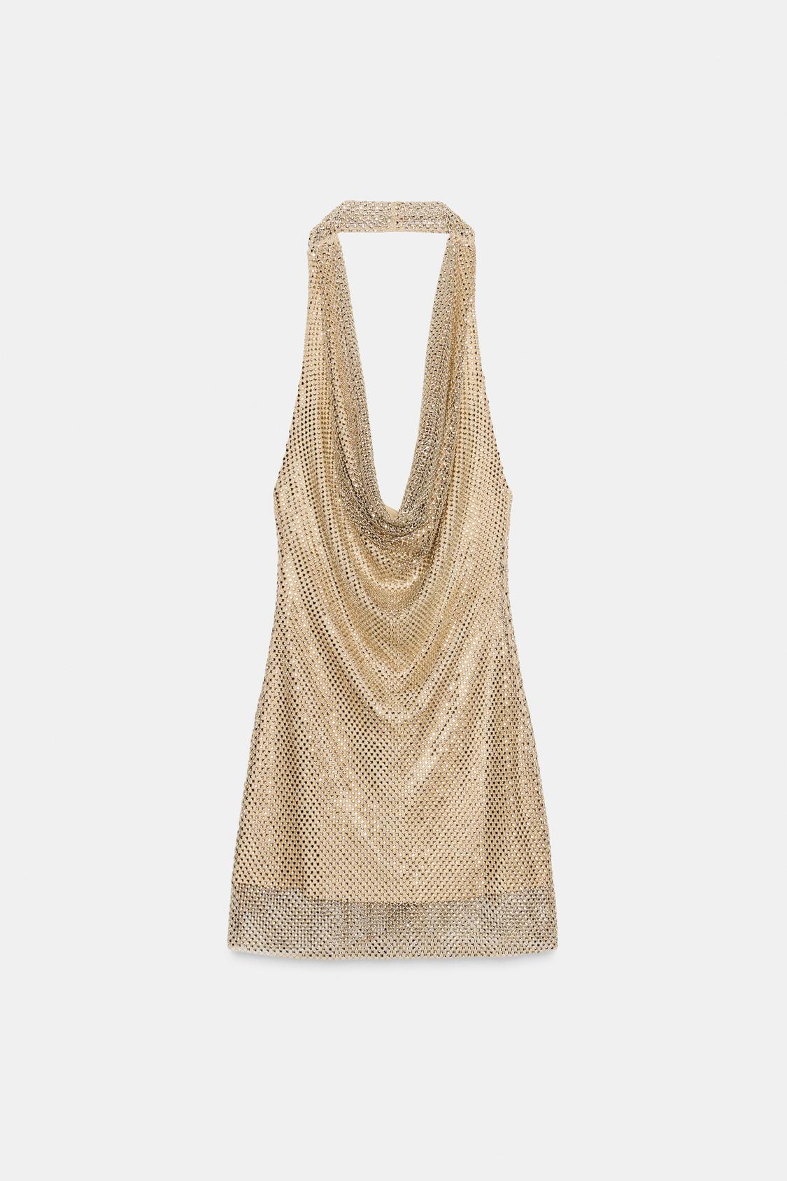 Metallic Mesh Halter Dress Gold