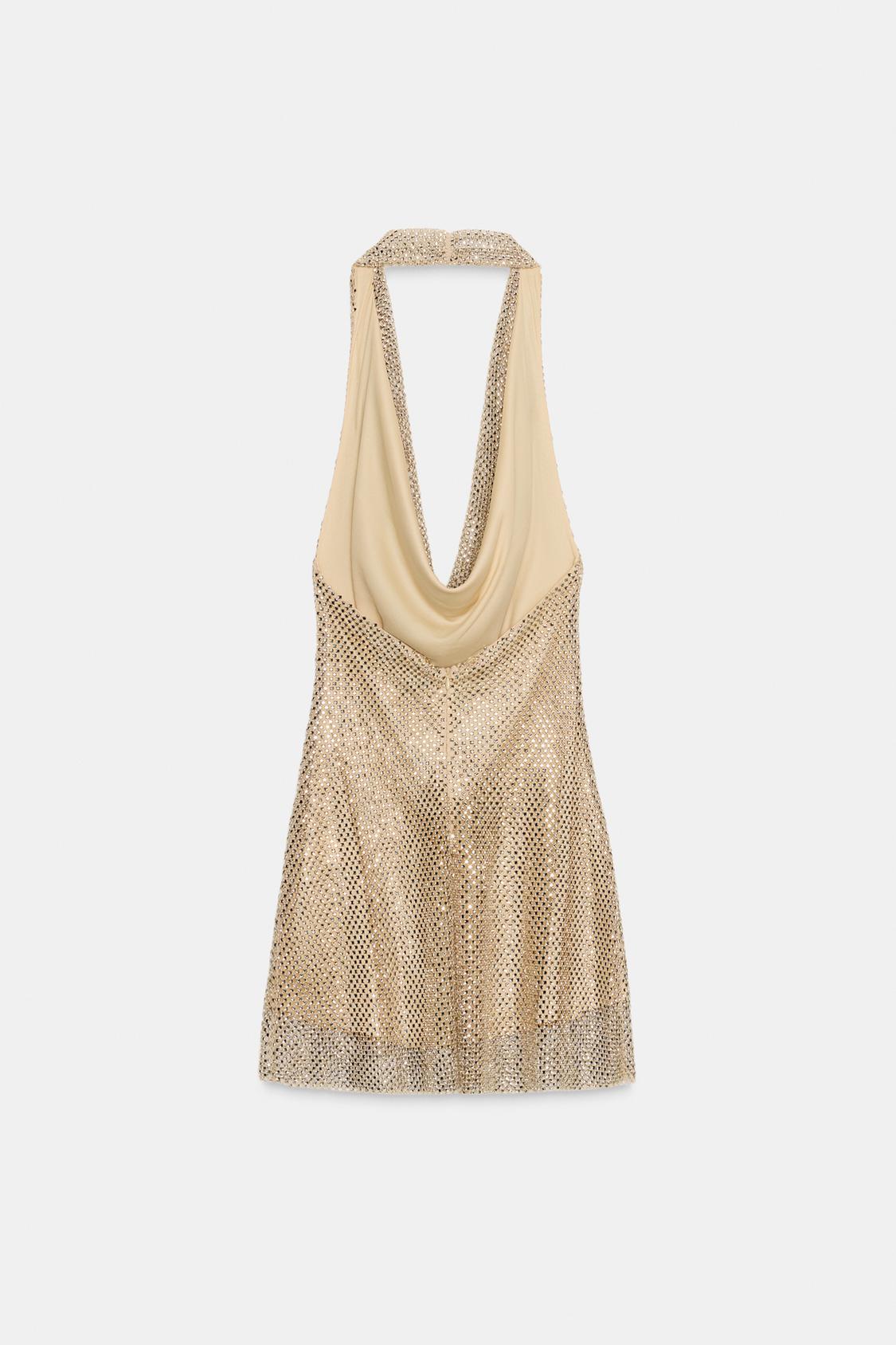 Metallic Mesh Halter Dress Gold