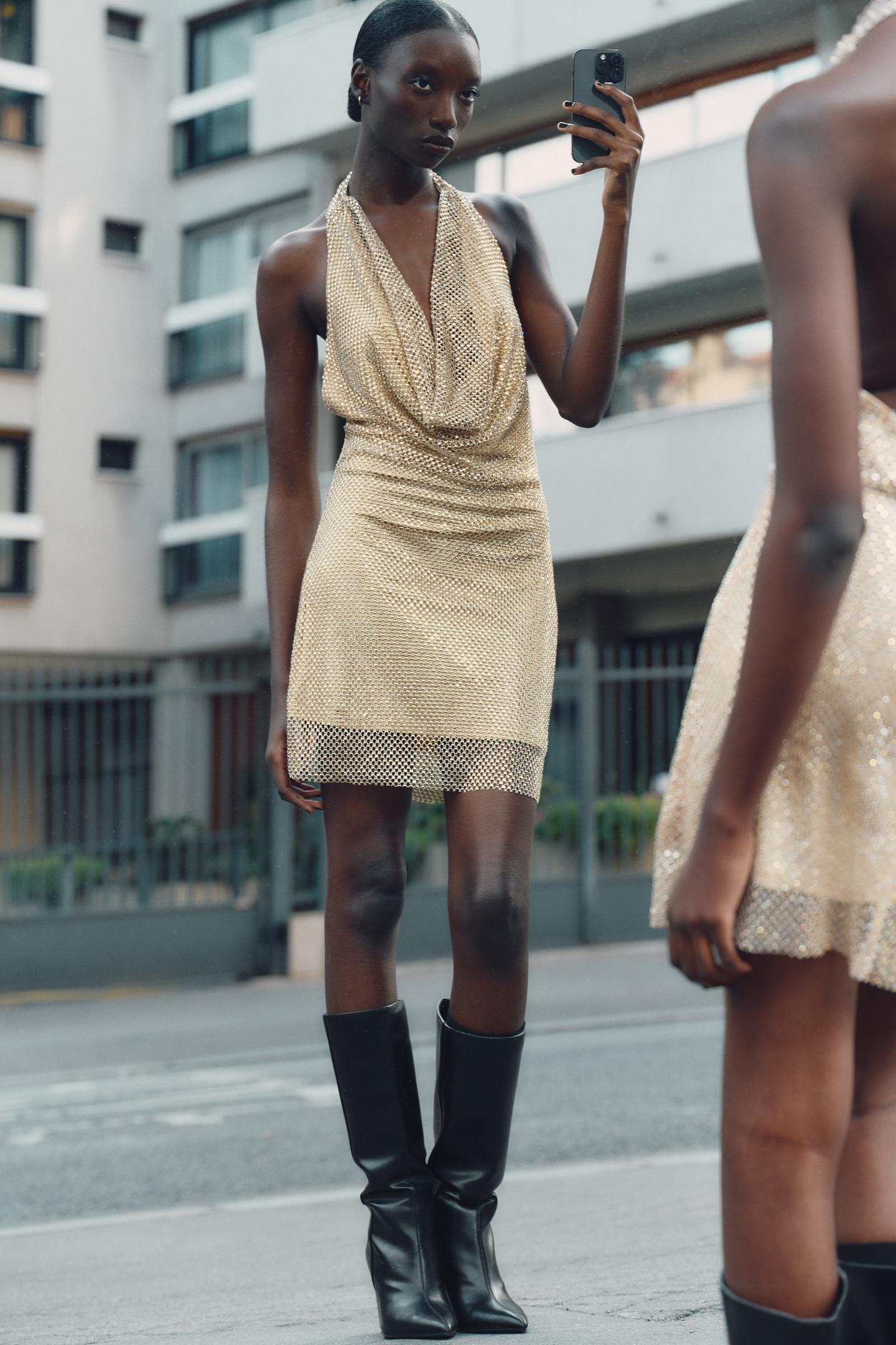 Metallic Mesh Halter Dress Gold