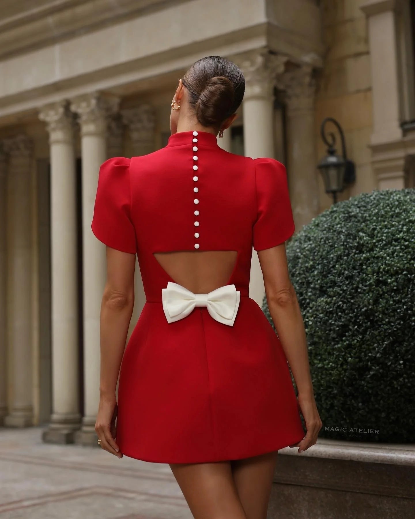 Pearl Button Bow Dress Red