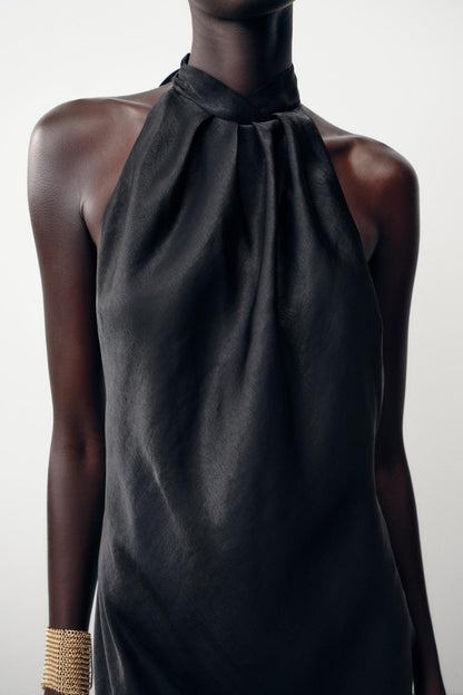 Halter Neck Satin Midi Dress