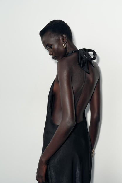 Halter Neck Satin Midi Dress