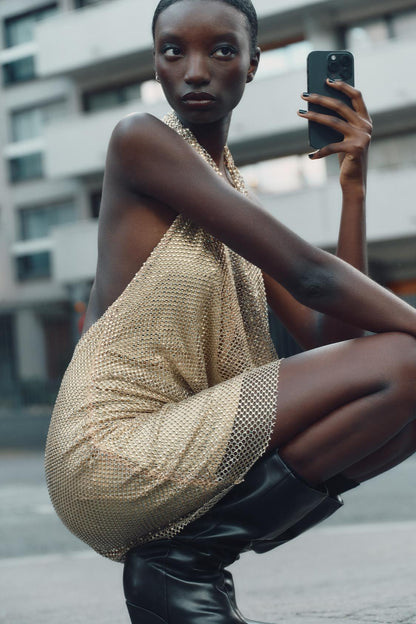Metallic Mesh Halter Dress Gold