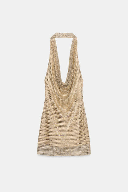 Metallic Mesh Halter Dress Gold