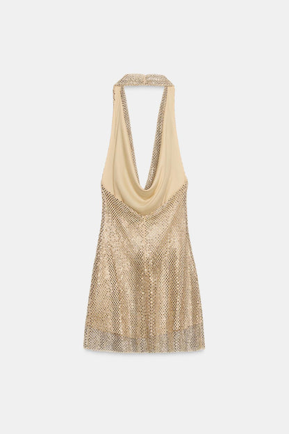 Metallic Mesh Halter Dress Gold