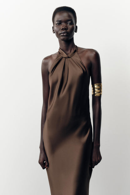 Halter Neck Satin Midi Dress