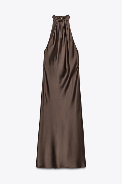 Halter Neck Satin Midi Dress