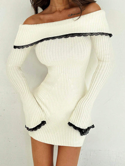 Off Shoulder Lace Trim Sweater Dress